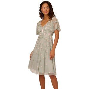Adrianna Papell Women's V-Neck Beaded Midi Dress Frosted Sage Size 2